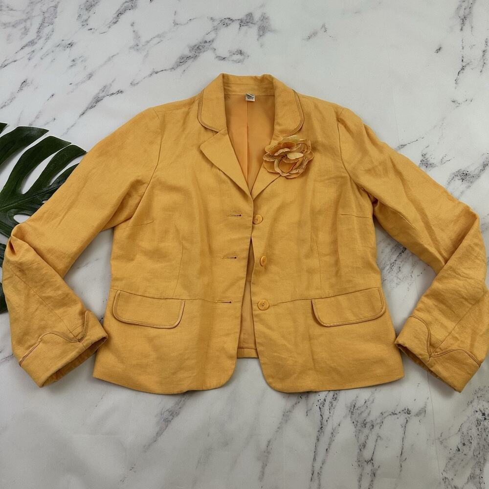 Old Navy Womens Vintage Y2k Blazer Jacket Size L Orange Linen Floral Trim